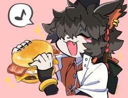 Rule 34 | 1boy, aak (arknights), animal ears, arknights, black hair, black nails, blush stickers, bracelet, braid, burger, chinese clothes, closed eyes, commentary, cropped torso, earrings, eyeshadow, fang, food, furry, furry male, happy, highres, holding, holding food, jacket, jewelry, makeup, male focus, messy hair, mooootmt, musical note, open mouth, red eyeshadow, red hair, red shirt, shirt, solo, sparkle, speech bubble, spoken musical note, upper body, white jacket