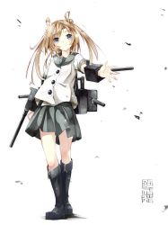 Rule 34 | 10s, 1girl, abukuma (kancolle), black footwear, blonde hair, blue eyes, boots, buttons, cannon, character name, double bun, full body, gorilla (bun0615), hair between eyes, hair bun, hair rings, highres, kantai collection, knee boots, long hair, looking at viewer, machinery, open hand, pleated skirt, school uniform, serafuku, shirt, short sleeves, simple background, skirt, solo, thighs, turret, twintails, white background