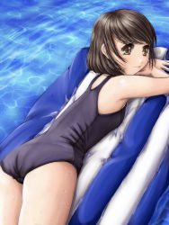 Rule 34 | 1girl, ass, black hair, blush, brown eyes, inflatable raft, lying, on stomach, one-piece swimsuit, original, phazer, school swimsuit, solo, swimsuit, water, wet