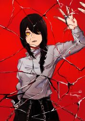 Rule 34 | 1girl, absurdres, arm up, black hair, braid, braided ponytail, chain, chain leash, chainsaw man, crack, cracked glass, grey sweater, hair over one eye, hair over shoulder, highres, kumah dessu, leash, leash belt, looking at viewer, medium hair, nayuta (chainsaw man), open mouth, red background, ringed eyes, signature, simple background, solo, sweater, sweater tucked in, yellow eyes