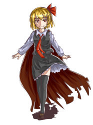 Rule 34 | 1girl, blonde hair, blouse, cape, dress, fang, fang out, frilled dress, frills, hair ribbon, mousoumousoumousou, red eyes, ribbon, rumia, shirt, short hair, smile, thighhighs, torn cape, torn clothes, touhou