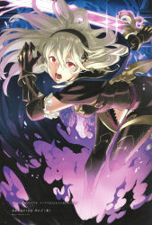 Rule 34 | 1girl, alternate costume, armor, aura, black armor, cape, corrin (female) (fire emblem), corrin (fire emblem), fire emblem, fire emblem cipher, fire emblem fates, glowing, glowing weapon, hairband, highres, long hair, looking at viewer, nintendo, official art, pointy ears, red eyes, scan, silver hair, solo, sword, thighs, torn cape, torn clothes, weapon, yato (fire emblem)