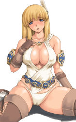 Rule 34 | 1girl, armor, bad id, bad pixiv id, belt, blonde hair, blue eyes, boots, breasts, cleavage, fingerless gloves, gloves, ishida masayuki, large breasts, open mouth, panties, pussy juice, sitting, solo, sophitia alexandra, soul calibur, soulcalibur, soulcalibur iv, tareme, thigh boots, thighhighs, underwear, white background