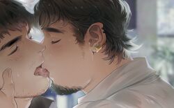 Rule 34 | 2boys, bara, beard, black hair, blush, close-up, closed eyes, collared shirt, couple, ear piercing, earrings, facial hair, french kiss, goatee, highres, intertwined hair, isuke, jewelry, kiss, long sideburns, male focus, mature male, multiple boys, original, piercing, saliva, saliva trail, shirt, short hair, sideburns, stubble, thick eyebrows, tongue, tongue out, upper body, wet, wet hair, yaoi