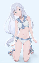 Rule 34 | 1girl, aqua eyes, armpit crease, bikini, blue background, blue footwear, blue sailor collar, blush, breasts, closed mouth, collarbone, commentary, feet, full body, grey hair, head tilt, high heels, highres, idolmaster, idolmaster million live!, idolmaster million live! theater days, kneeling, legs, long hair, looking at viewer, low-tied long hair, navel, on ground, parted bangs, razi, sailor collar, sailor swimsuit (idolmaster), sandals, shadow, shiraishi tsumugi, side-tie bikini bottom, sidelocks, simple background, small breasts, smile, solo, stomach, strappy heels, swimsuit, symbol-only commentary, thighs, toenails, toes, very long hair