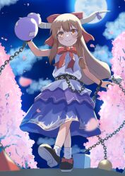 Rule 34 | 1girl, absurdres, belt, black footwear, blush, bow, bowtie, brown eyes, buttons, chain, cherry blossoms, closed mouth, commentary request, cube, flat chest, footwear bow, full body, full moon, gourd, hair bow, high meron, highres, horn ornament, horn ribbon, horns, ibuki suika, light brown hair, long hair, looking at viewer, low-tied long hair, moon, night, orb, purple ribbon, purple skirt, pyramid (structure), red bow, red bowtie, ribbon, ribbon-trimmed skirt, ribbon trim, shirt, shoes, sidelocks, skirt, sleeveless, sleeveless shirt, smile, socks, solo, touhou, tree, very long hair, walking, white shirt, white socks