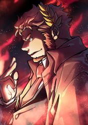 Rule 34 | 1boy, bara, claude (housamo), dark, facial hair, from side, goatee, hand up, highres, jacket, jacket on shoulders, laurel crown, long sideburns, looking to the side, male focus, mature male, necktie, profile, short hair, sideburns, solo, tokiniha netai (pm8sleepy), tokyo houkago summoners, upper body