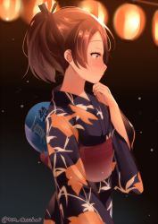 Rule 34 | 10s, 1girl, alternate costume, bad id, bad nicoseiga id, blue eyes, brown hair, commentary request, floral print, from side, hand fan, japanese clothes, juurouta, kantai collection, kimono, lantern, obi, paper fan, ponytail, sash, shikinami (kancolle), solo, summer festival, twitter username, uchiwa, yukata