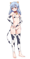 Rule 34 | 1girl, absurdres, animal print, aningay, barefoot, bikini, blue hair, blush, bridal gauntlets, copyright request, cow print, cow tail, detached leggings, full body, groin, highres, long hair, looking at viewer, navel, parted lips, print bikini, red eyes, short eyebrows, side-tie bikini bottom, simple background, solo, sweat, swimsuit, tail, thick eyebrows, two side up, white background