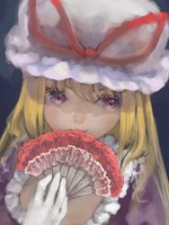 1girl bad_id bad_pixiv_id blonde_hair hand_fan female_focus folding_fan hat hat_ribbon long_hair lowres masuchi portrait purple_eyes ribbon smile solo touhou yakumo_yukari