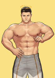 Rule 34 | 1boy, abs, absurdres, baimeme, bara, beard, biceps, black hair, clenched hand, facial hair, fire, highres, large pectorals, looking at viewer, male focus, manly, mature male, muscular, muscular male, navel hair, nipples, original, pants, pectorals, serious, solo, sparkle, spiked hair, teeth, thick arms, tokyo houkago summoners, topless male, veins, veiny arms, zabaniyya (housamo)
