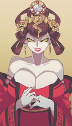 Rule 34 | 1girl, artist request, bare shoulders, breasts, brown hair, cleavage, collarbone, earrings, fingernails, grin, hair rings, highres, jewelry, large breasts, lipstick, makeup, nail polish, nuwa (megami tensei), pale skin, sharp fingernails, shin megami tensei, shin megami tensei v, simple background, smile, solo, tagme, yellow background, yellow eyes