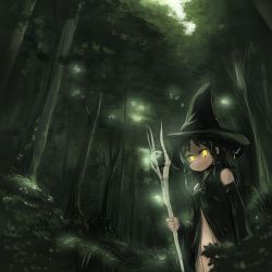 Rule 34 | 1girl, alternate costume, black dress, black hair, black hat, black sleeves, bush, closed mouth, commentary request, cookie (touhou), cowboy shot, detached sleeves, dress, forest, hakurei reimu, hat, holding, holding staff, looking at viewer, medium hair, nature, navel, otemoto (baaaaloooo), sananana (cookie), solo, staff, touhou, tree, witch hat, yellow eyes, yin yang
