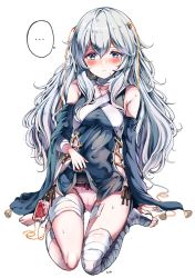 Rule 34 | ..., 1girl, absurdres, bandaged leg, bandages, bare shoulders, blood, blood bag, blue eyes, blush, breasts, closed mouth, clothes lift, covered navel, dress, dress lift, girls&#039; frontline, hair between eyes, highres, intravenous drip, lifting own clothes, long hair, looking at viewer, panties, ribeyrolles (girls&#039; frontline), sak (lemondisk), silver hair, simple background, sitting, solo, spoken ellipsis, sweat, taut clothes, taut dress, underwear, very long hair, wariza, wavy hair, white background, white panties
