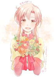 Rule 34 | 1girl, bouquet, brown eyes, ethlyn (fire emblem), fire emblem, fire emblem: genealogy of the holy war, flower, holding, holding flower, looking at viewer, nintendo, pink hair, portrait, simple background, smile, solo