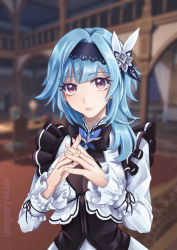 Rule 34 | 1girl, alternate costume, blue hair, blue hairband, blurry, blurry background, breasts, brooch, commentary, curtains, english commentary, enmaided, eula (genshin impact), genshin impact, hair ornament, hairband, hands up, highres, indoors, jewelry, laubun, long hair, long sleeves, looking at viewer, maid, own hands together, parted lips, purple eyes, railing, shirt, solo, steepled fingers, upper body, white shirt, window