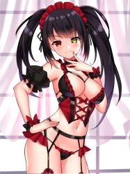 Rule 34 | 1girl, artist request, black hair, black panties, blush, bow, breasts, clock eyes, closed mouth, date a live, garter belt, hairband, heterochromia, lingerie, lolita hairband, long hair, looking at viewer, medium breasts, naughty face, navel, panties, red bow, red eyes, seductive smile, smile, solo, source request, standing, symbol-shaped pupils, tokisaki kurumi, twintails, underwear, underwear only, uneven twintails, yellow eyes