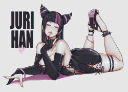 Rule 34 | 1girl, black dress, black hair, bracelet, breasts, capcom, character name, choker, commentary request, cross-laced clothes, double bun, dress, ear piercing, earrings, elbow gloves, feet, feet up, full body, gloves, hair bun, hair horns, han juri, high heels, highres, jewelry, kumanz, large breasts, legs, looking at viewer, lying, medium breasts, multicolored hair, on ground, on stomach, partially fingerless gloves, piercing, pink hair, sandals, signature, simple background, solo, spiked anklet, strapless, strapless dress, strappy heels, street fighter, thigh strap, toenails, toes, two-tone hair