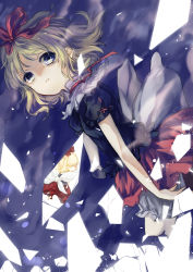 Rule 34 | 1girl, absurdres, blonde hair, bloomers, blouse, blue background, blue eyes, capelet, dqn (dqnww), frown, hair ribbon, highres, looking at viewer, medicine melancholy, ribbon, shards, shirt, short hair, short sleeves, skirt, solo, su-san, touhou, underwear, wind