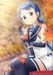 Rule 34 | 1girl, artist name, autumn, autumn leaves, bare shoulders, blue eyes, blue hair, bowl, chopsticks, commentary request, eating, elbow gloves, food, gloves, holding, holding bowl, holding chopsticks, kantai collection, long hair, looking at viewer, mae (maesanpicture), mochi, outdoors, samidare (kancolle), school uniform, serafuku, shirt, sitting, skirt, solo, swept bangs, thighhighs, very long hair, white shirt, white skirt, zettai ryouiki
