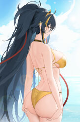 Rule 34 | 1girl, ahoge, ass, azur lane, bare arms, bare back, bare shoulders, bikini, black hair, blonde hair, blue sky, breasts, closed mouth, cowboy shot, from behind, gold bikini, halterneck, hands on own ass, harbin (azur lane), harbin (union between sea and sky) (azur lane), highres, large breasts, long hair, looking at viewer, looking back, median furrow, multicolored hair, ocean, official alternate costume, outdoors, qing wu, red ribbon, ribbon, sideboob, sky, smile, solo, streaked hair, string bikini, swimsuit, two-tone hair, very long hair, water