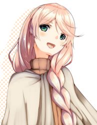 Rule 34 | 1girl, :d, braid, brown sweater, character request, commentary request, demimushi, green eyes, hair between eyes, hair over shoulder, highres, kakuchou shoujo-kei trinary, long hair, open mouth, pink hair, polka dot, polka dot background, ribbed sweater, smile, solo, sweater, turtleneck, turtleneck sweater, upper body, white background