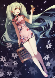 Rule 34 | 1girl, ahoge, bird, birdcage, black background, cage, caidychen, china dress, chinese clothes, dress, dutch angle, flower, full body, green eyes, green hair, hatsune miku, high heels, holding, legs, long hair, matching hair/eyes, open mouth, petals, quipao, simple background, smile, solo, standing, twintails, very long hair, vocaloid