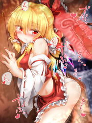 Rule 34 | 1boy, 1girl, ascot, bare shoulders, belt, blonde hair, blue belt, blue kimono, blue shirt, blush, bow, breasts, censored, closed mouth, clothed sex, collar, collared shirt, cosplay, cross-section, crystal, detached sleeves, eyes visible through hair, fang, flandre scarlet, frills, hair between eyes, hair bow, hair ornament, hair tubes, hakurei reimu, hakurei reimu (cosplay), hands up, heart, hetero, highres, japanese clothes, jewelry, kimono, long sleeves, looking at another, marukyuu ameya, medium breasts, miko, miniskirt, mosaic censoring, multicolored wings, nail polish, no headwear, panties, penis, ponytail, red bow, red eyes, red nails, red shirt, red skirt, ribbon-trimmed sleeves, ribbon trim, sex, shadow, shirt, short hair, skirt, standing, touhou, underwear, vaginal, wall, white panties, white sleeves, wide sleeves, wings, yellow ascot