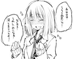 Rule 34 | 1girl, blush, crying, greyscale, monochrome, necktie, nose blush, open mouth, original, shunsuke, simple background, sleeves past wrists, solo, speech bubble, tears, translation request, upper body, white background
