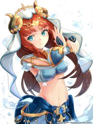Rule 34 | 1girl, absurdres, artist name, blue eyes, breasts, closed mouth, commentary, genshin impact, hands up, harem outfit, highres, horns, long hair, long sleeves, medium breasts, midriff, navel, nilou (genshin impact), puffy long sleeves, puffy sleeves, red hair, ryo-suzuki, simple background, smile, solo, upper body, water drop, white background