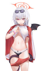 Rule 34 | 1girl, absurdres, black panties, black wings, blue archive, braid, breasts, buruma, buruma pull, clothes lift, clothes pull, cowboy shot, eyewear on head, fake wings, fuenyuan, grey hair, gym shirt, hair between eyes, halo, haruna (blue archive), haruna (track) (blue archive), highres, jacket, jacket on shoulders, large breasts, lifting own clothes, long hair, navel, official alternate costume, panties, red buruma, red eyes, red halo, shirt, shirt lift, short sleeves, side braid, simple background, single wing, solo, tail, tail around own leg, torso flash, track jacket, underwear, white background, white shirt, wings