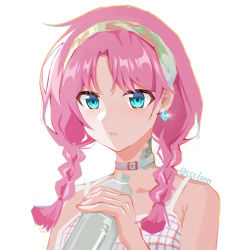 Rule 34 | 1girl, arknights, blue eyes, blue poison (arknights), blue poison (shoal beat) (arknights), bottle, braid, ccclann, choker, commentary, commentary request, earrings, english commentary, hairband, hand up, highres, holding, jewelry, long hair, looking at viewer, mixed-language commentary, official alternate costume, parted lips, pink hair, simple background, solo, spaghetti strap, sports bra, twin braids, twitter username, upper body, water bottle, white background, white sports bra