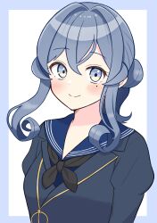 Rule 34 | 1girl, absurdres, black neckerchief, blue eyes, blue hair, blue jacket, blue sailor collar, blue shirt, blush, closed mouth, collared jacket, cropped torso, curly hair, fuminomino, gotland (kancolle), hair bun, highres, jacket, kantai collection, long hair, looking at viewer, military uniform, mole, mole under eye, neckerchief, sailor collar, shirt, sidelocks, simple background, single hair bun, smile, solo, translation request, two-tone background, uniform, upper body