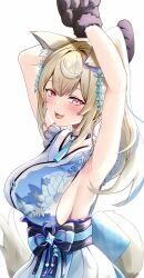 Rule 34 | 1girl, absurdres, animal ear fluff, animal ears, animal hands, armpits, arms up, belt, black sash, blonde hair, blue belt, blue hair, blue kimono, breasts, commentary, dog ears, dog girl, dog paws, dog tail, fang, floral print kimono, flower, fuwawa abyssgard, fuwawa abyssgard (new year), hair flower, hair ornament, highres, hololive, hololive english, japanese clothes, kimono, large breasts, long hair, looking at viewer, minoriminoru0, multicolored hair, obi, official alternate costume, open mouth, pink eyes, sash, skin fang, sleeveless, sleeveless kimono, smile, streaked hair, tail, virtual youtuber