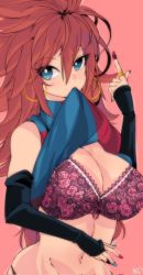 Rule 34 | 1girl, android 21, blue eyes, bra, breasts, cleavage, dragon ball, dragon ball super, dress shirt, earrings, fingernails, highres, jewelry, large breasts, long fingernails, long hair, nail polish, red hair, ring, shirt, thong, underwear