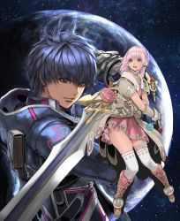 Rule 34 | 1boy, 1girl, blue eyes, blue hair, boots, fidel camuze, gloves, holding, holding sword, holding weapon, miki sauvester, official art, open mouth, pink hair, planet, short hair, skirt, space, star ocean, star ocean integrity and faithlessness, sword, thighhighs, thighhighs under boots, wand, weapon, yasuda akira
