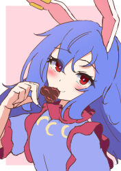 Rule 34 | 1girl, animal ears, blue dress, blue hair, blush, chocolate, commentary, dress, earclip, food in mouth, highres, long hair, looking at viewer, mizunisabano, moon print, rabbit ears, red eyes, seiran (touhou), short sleeves, smile, solo, symbol-only commentary, touhou