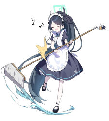 Rule 34 | 1girl, :d, absurdres, aris (blue archive), aris (maid) (blue archive), black footwear, black hair, blue archive, broom, closed eyes, commentary, full body, halo, highres, holding, holding broom, long hair, maid, maid headdress, musical note, official alternate costume, ohihil, open mouth, pantyhose, ponytail, shoes, simple background, smile, solo, v-shaped eyebrows, very long hair, water, white background, white pantyhose