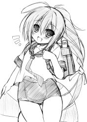 Rule 34 | 10s, 1girl, :d, ahoge, backpack, bag, greyscale, hair ornament, hair ribbon, i-168 (kancolle), innertube, kagura nanaki, kantai collection, long hair, looking at viewer, monochrome, necktie, one-piece swimsuit, open mouth, ponytail, randoseru, ribbon, school swimsuit, school uniform, serafuku, simple background, smile, solo, swim ring, swimsuit, swimsuit under clothes, white background