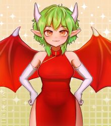Rule 34 | 1girl, brown background, china dress, chinese clothes, closed mouth, cowboy shot, draco centauros, dragon girl, dragon wings, dress, eyelashes, gloves, green hair, hands on own hips, highres, horns, looking at viewer, luck capsule, madou monogatari, orange eyes, pointy ears, puyopuyo, red dress, red wings, short hair, smile, solo, straight-on, white gloves, white horns, wide hips, wings