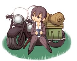 Rule 34 | 00s, 1girl, androgynous, chibi, coffee, hermes (kino no tabi), kino (kino no tabi), kino no tabi, motor vehicle, motorcycle, reverse trap, solo, stylized, tomboy, vehicle