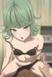 Rule 34 | 1boy, 1girl, black bra, black panties, blurry, blurry background, bra, breasts, bulge, collarbone, commentary, curly hair, english commentary, eyebrows hidden by hair, eyelashes, foreshortening, green eyes, grey hair, groin, hand on another&#039;s thigh, head tilt, hetero, highres, indoors, keihh, leaning forward, light blush, looking at viewer, medium hair, midriff, navel, off shoulder, one-punch man, open mouth, panties, pov, signature, small breasts, straight-on, tatsumaki, thighs, underwear, underwear only, upturned eyes