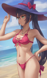 Rule 34 | 1girl, bare arms, bare shoulders, bikini, black hair, blue sky, breasts, cleavage, cloud, cowboy shot, day, genshin impact, green eyes, hand on own hip, hand up, hat, highres, jewelry, long hair, mona (genshin impact), navel, necklace, ocean, outdoors, pink bikini, purple hat, sidelocks, sky, small breasts, solo, standing, stomach, stormstx, swimsuit, thighs, twintails, very long hair, water, witch hat