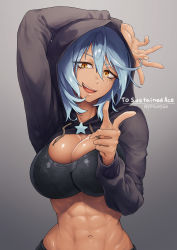 Rule 34 | 1girl, abs, blue hair, breasts, cleavage, commentary request, commission, dark-skinned female, dark skin, gradient background, grey background, hair between eyes, highres, hood, large breasts, long sleeves, looking at viewer, navel, open mouth, original, pote0508, short hair, shrug (clothing), simple background, skeb commission, solo, star (symbol), teeth, tongue, upper body, yellow eyes, zipper