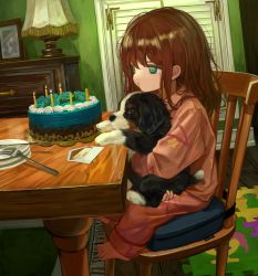 Rule 34 | 1girl, absurdres, animal, animal on lap, bad id, bad twitter id, barefoot, birthday, birthday cake, blowing, blowing candle, blue eyes, brown hair, cake, candle, chair, chest of drawers, child, feet, female focus, food, fork, highres, holding, holding animal, icing, indoors, lamp, on lap, original, pajamas, photo (object), pink pajamas, plate, rug, sero3eta, sitting, solo, table, toes, unfinished, window