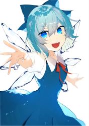 Rule 34 | 1girl, blue dress, blue eyes, blue hair, bow, cirno, dress, hair bow, highres, ice, ice wings, ikasoba, outstretched arm, outstretched arms, puffy short sleeves, puffy sleeves, red neckwear, short hair, short sleeves, simple background, smile, touhou, white background, wings