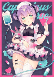 Rule 34 | 1girl, :o, apron, bandages, black background, black bow, black dress, blush, bow, breasts, collared dress, double bun, dress, frilled apron, frills, green eyes, hair bow, hair bun, hand up, hat, head tilt, heart, highres, holding, holding syringe, hugging object, intravenous drip, nurse, nurse cap, original, parted lips, pink background, puffy short sleeves, puffy sleeves, purple hair, short sleeves, sidelocks, small breasts, solo, stuffed animal, stuffed rabbit, stuffed toy, syringe, text background, two-tone background, wasabi (sekai), white apron, white hat, wrist cuffs