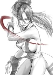 Rule 34 | 1girl, breasts, closed mouth, commentary request, cowboy shot, eyes visible through hair, fatal fury, forehead, greyscale, hair between eyes, high ponytail, highleg, highres, holding, large breasts, lee0110, lips, looking at viewer, monochrome, no bra, parted bangs, shiranui mai, sideboob, simple background, solo, thick thighs, thighs, v-shaped eyebrows, white background