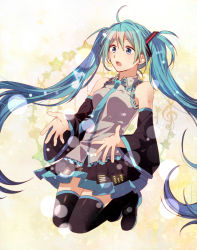 1girl ahoge aqua_eyes aqua_hair bad_id bad_pixiv_id boots bshi_edayo detached_sleeves female_focus hatsune_miku long_hair necktie open_mouth skirt solo thigh_boots thighhighs twintails very_long_hair vocaloid