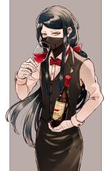 Rule 34 | 1boy, alcohol, alternate costume, apron, bandaged hand, bandages, black apron, black mask, black vest, bottle, bow, bowtie, cup, danganronpa (series), danganronpa v3: killing harmony, drinking glass, highres, holding, holding cup, long hair, long sleeves, looking at viewer, male focus, mask, red bow, red bowtie, shinguji korekiyo, shirt, solo, traditional bowtie, very long hair, vest, white shirt, wine, wine bottle, wine glass, yyy246